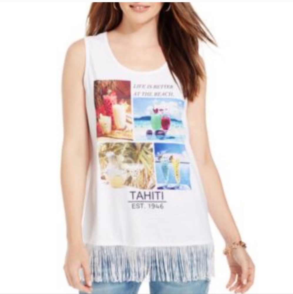 style & co graphic print fringe tank white size 2X